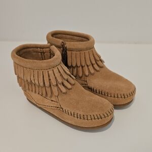 Tan Fringe Kids Moccasin Boots MINNETONKA